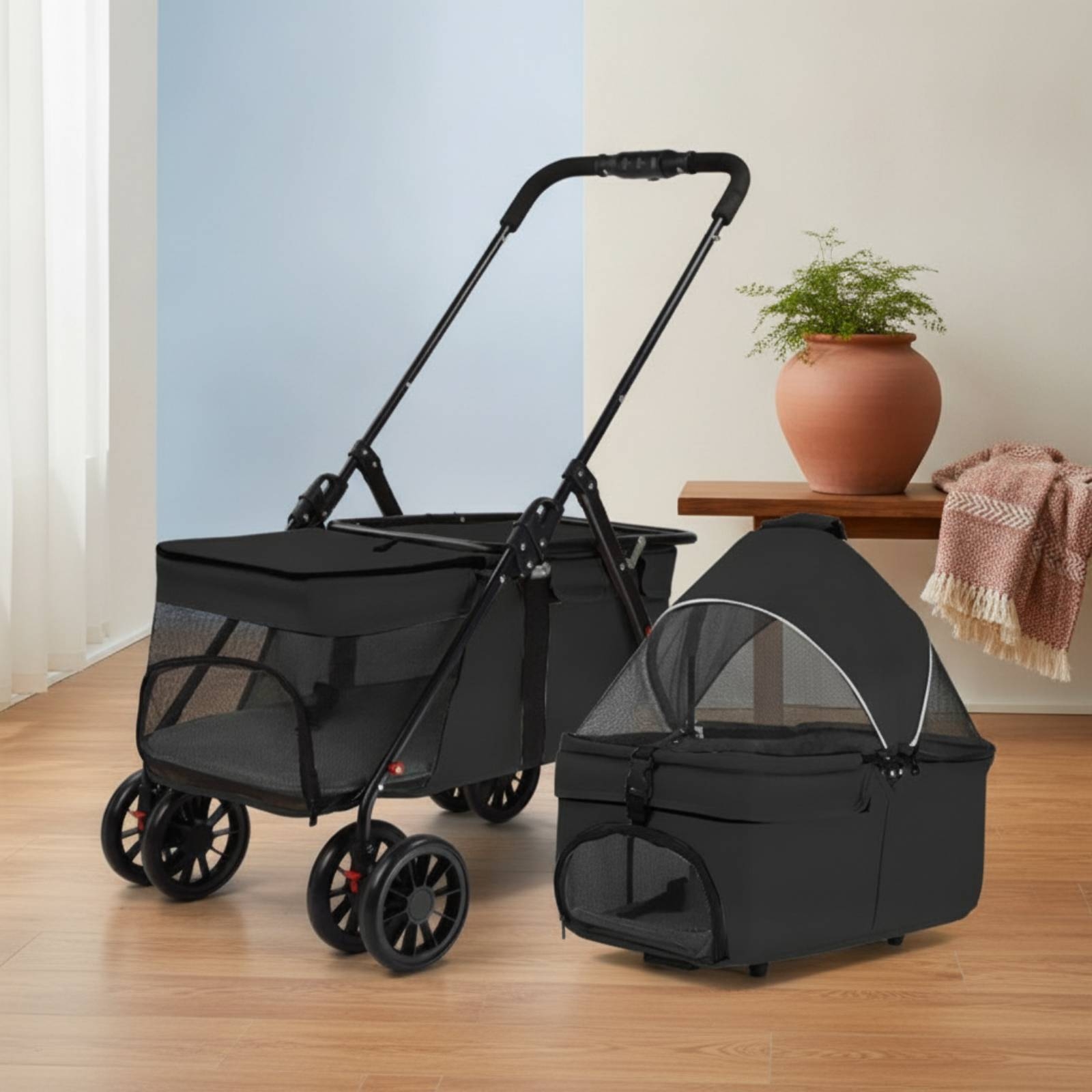 Pet Stroller Carrier - Carrinho de Pet com Transportador Destacável,
